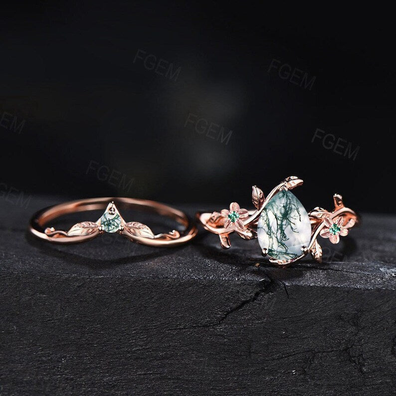 Vine Branch Leaf Style Green Moss Agate Bridal Set 10K Rose Gold Rose Flower Green Emerald Nature Wedding Ring Set Unique Anniversary Gift