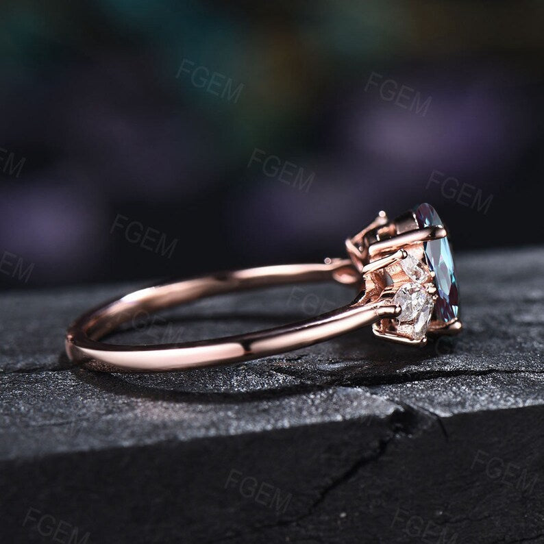 1.5ct Oval Cut Color-Change Alexandrite Cluster Engagement Rings 10K Rose Gold Vintage Marquise Moss Agate Wedding Ring June Birthstone Gift