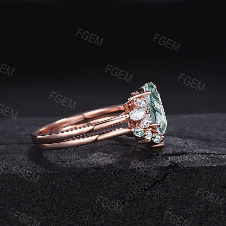 Unique 1.5ct Oval Natural Moss Agate Engagement Ring Set Cluster Moissanite Wedding Ring Vintage 10K Rose Gold Green Agate Stone Bridal Sets