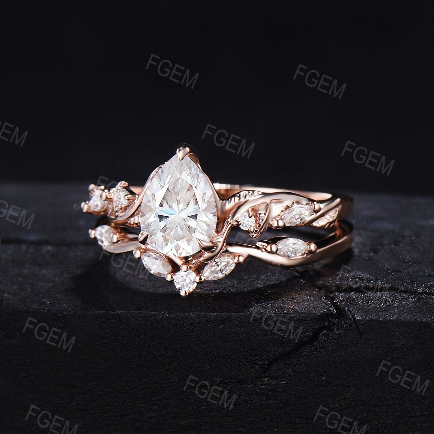 Nature Inspired Pear Cut Diamond Engagement Ring Set 1.25 CTW Caydia Lab Grown Diamond Ring IGI Certificate Bridal Set for Women Flawless Diamond Ring