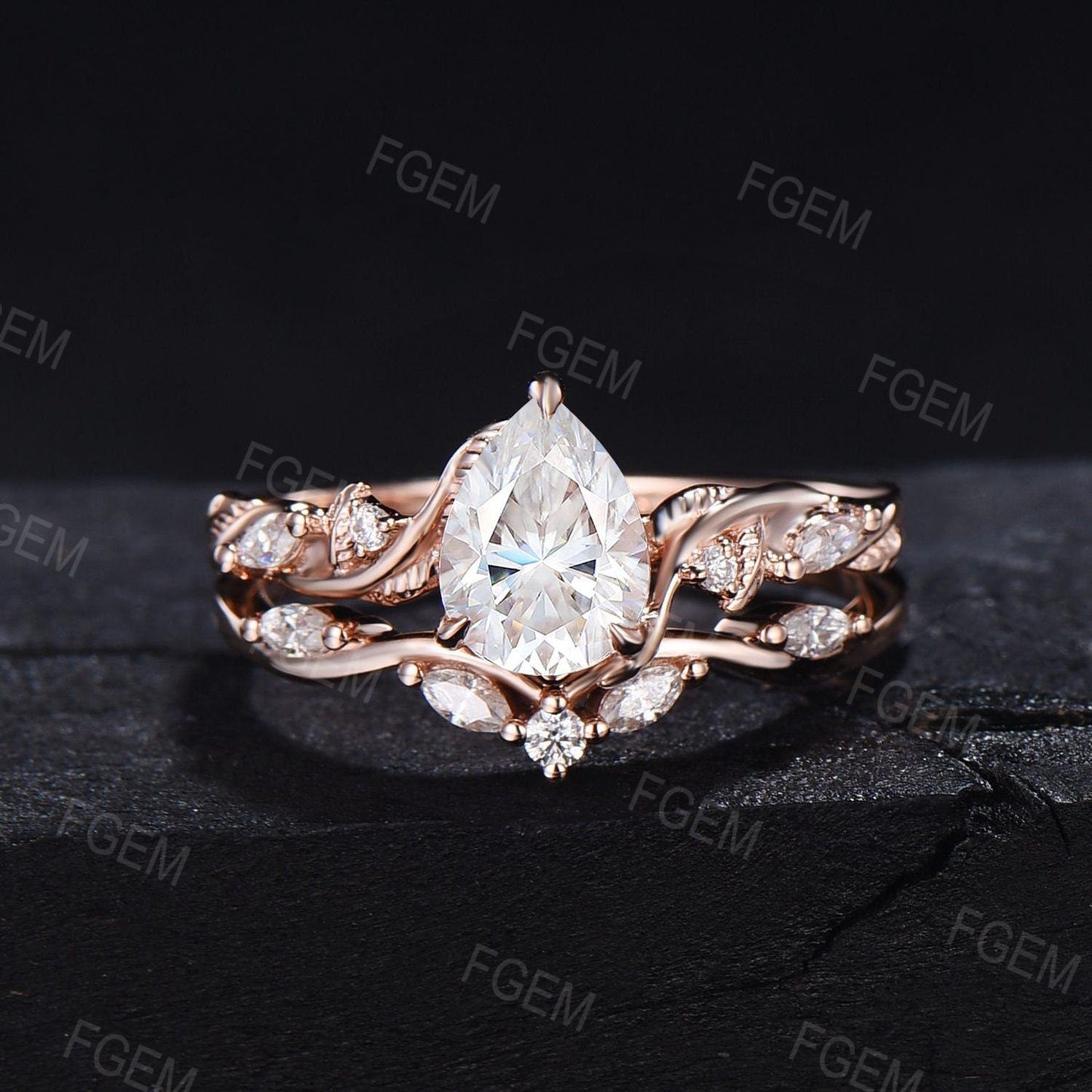 Nature Inspired Pear Cut Diamond Engagement Ring Set 1.25 CTW Caydia Lab Grown Diamond Ring IGI Certificate Bridal Set for Women Flawless Diamond Ring