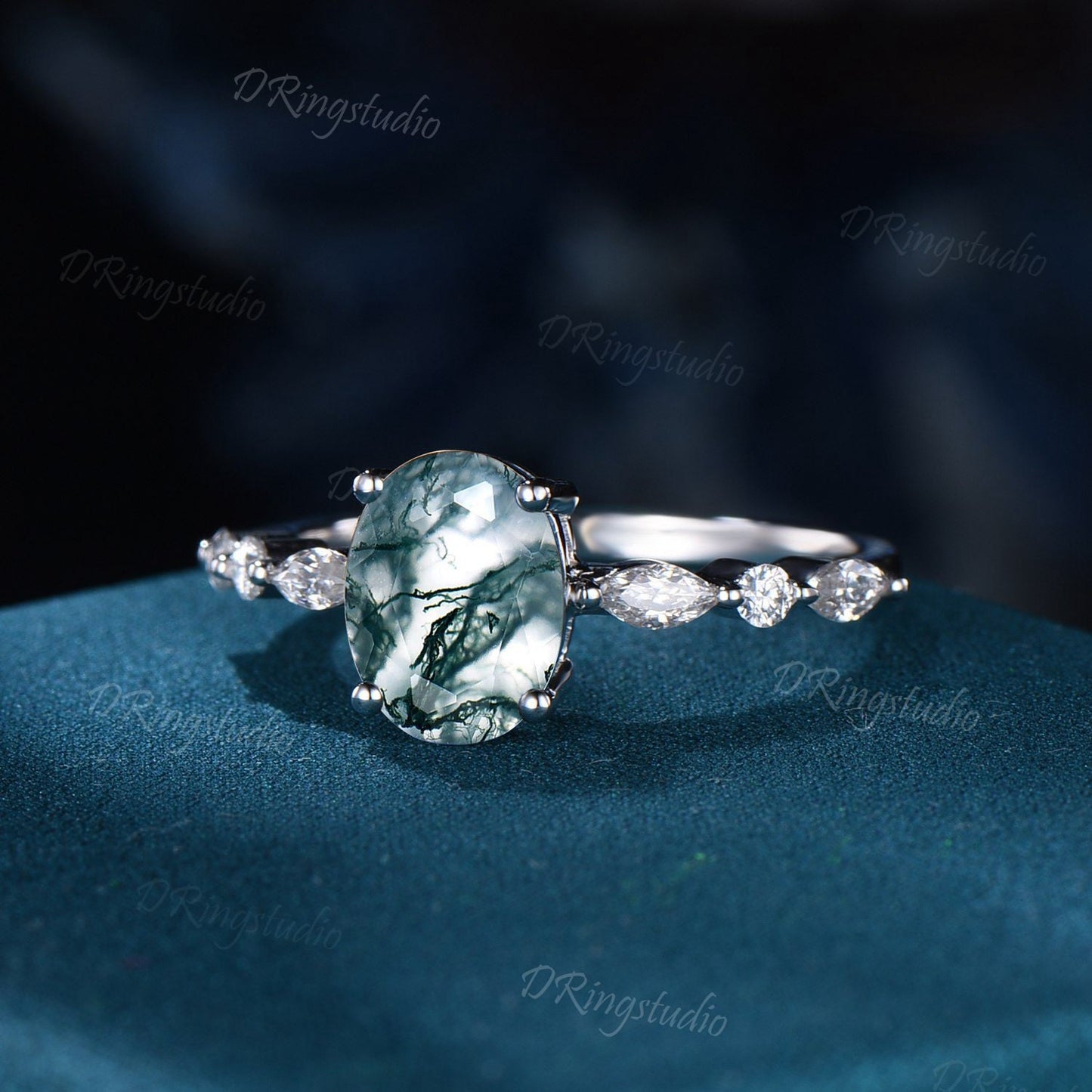 Oval Moss Agate Engagement Ring White gold Half Eternity Marquise cut Vintage Bridal Ring Half Eternity Round Simulated Diamond Wedding Gift