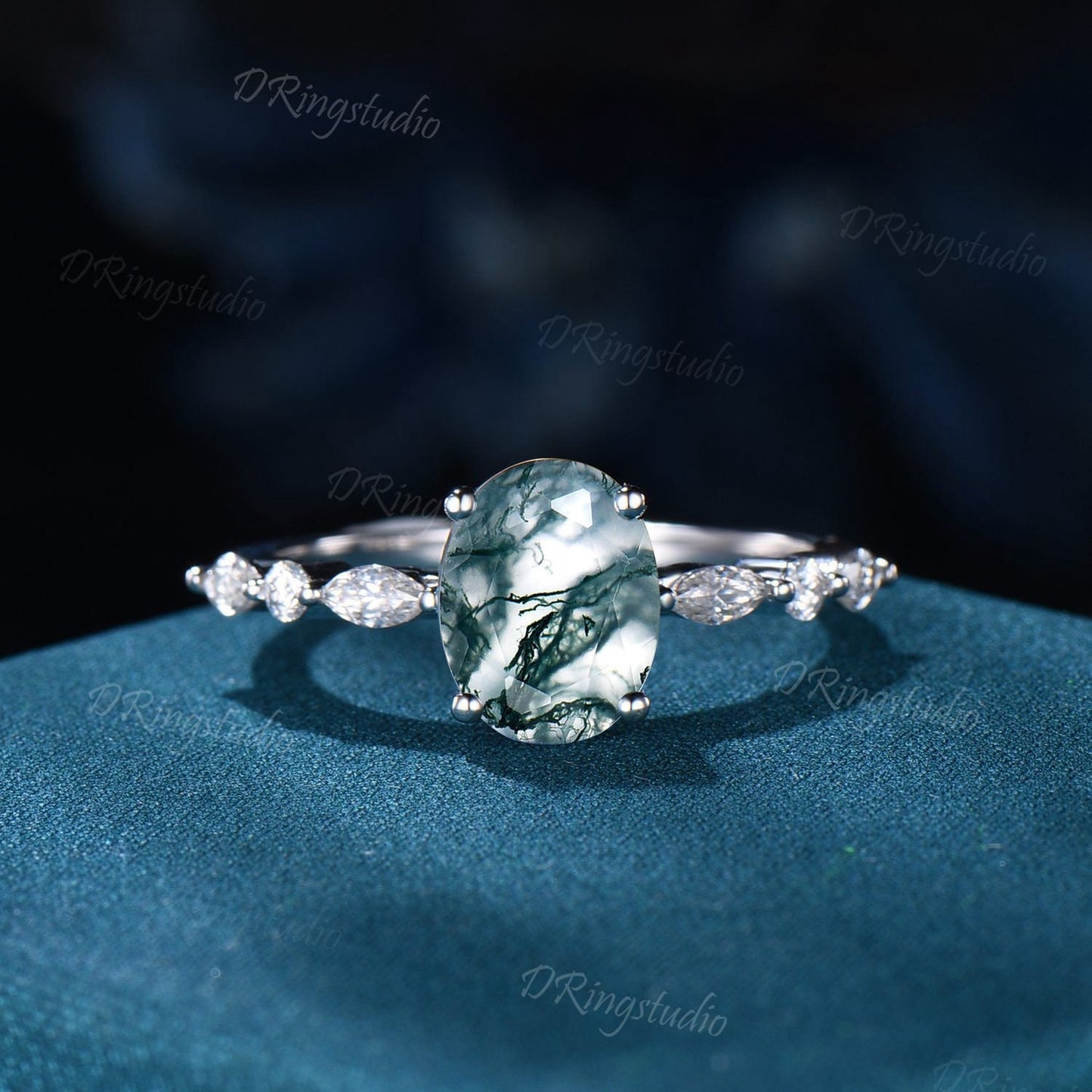 Oval Moss Agate Engagement Ring White gold Half Eternity Marquise cut Vintage Bridal Ring Half Eternity Round Simulated Diamond Wedding Gift