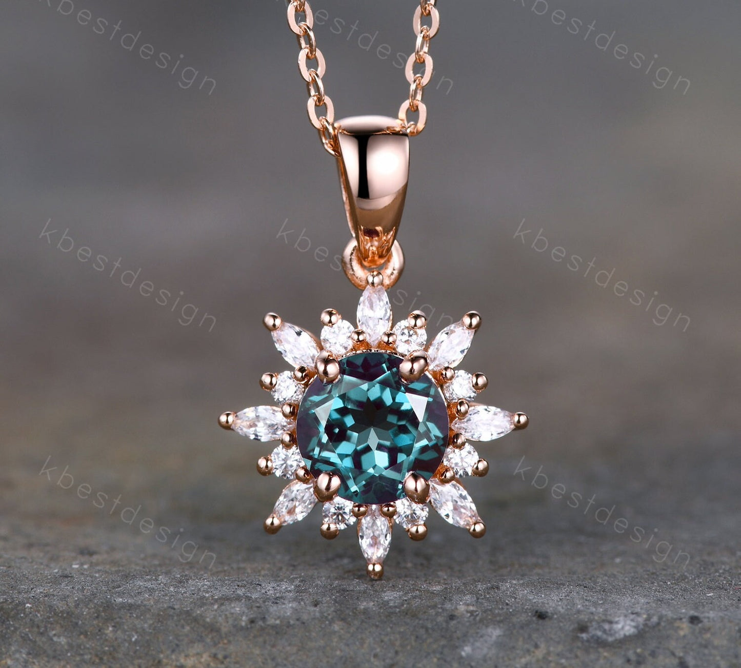 Blue Opal Art Deco Necklace, Rose Gold Birthstone Necklace, Vintage Opal Pendant, Moissanite Necklace Pendant for Women, Valentines Gifts