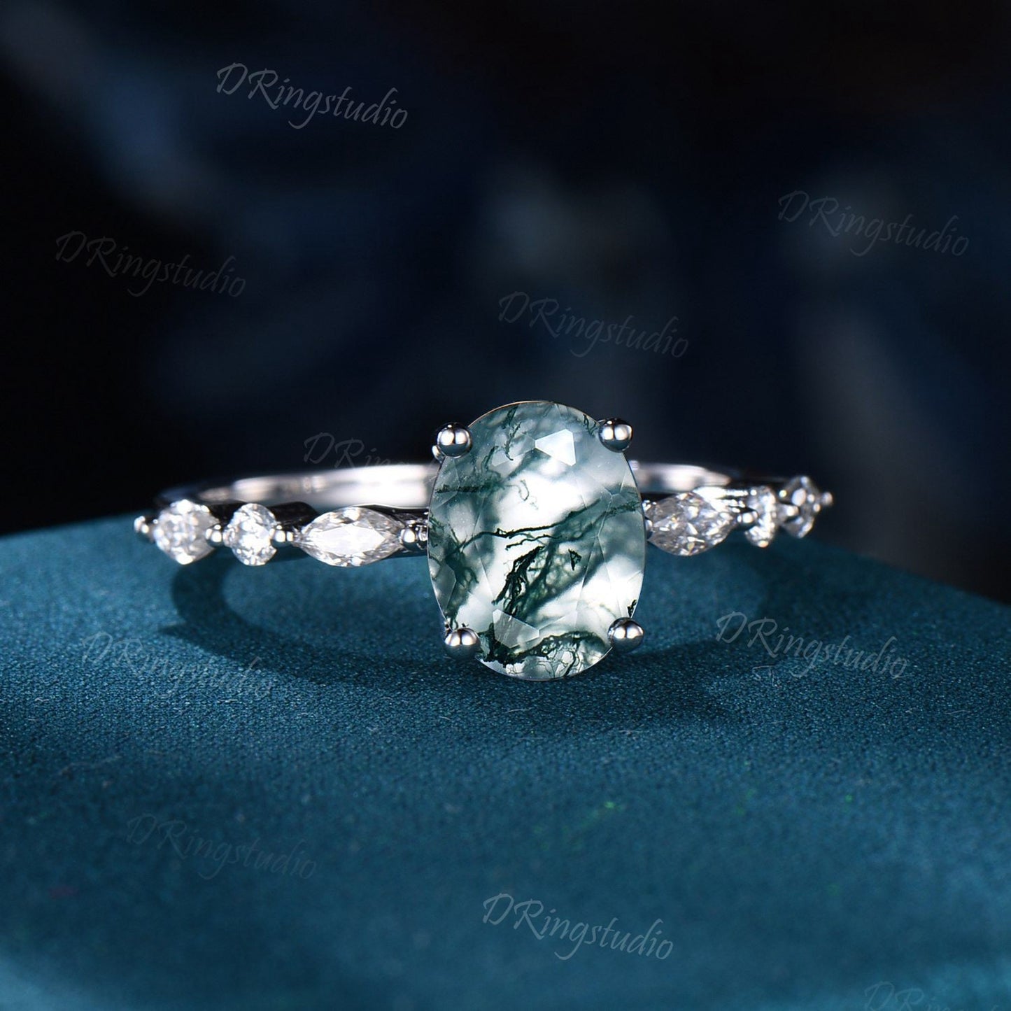 Oval Moss Agate Engagement Ring White gold Half Eternity Marquise cut Vintage Bridal Ring Half Eternity Round Simulated Diamond Wedding Gift
