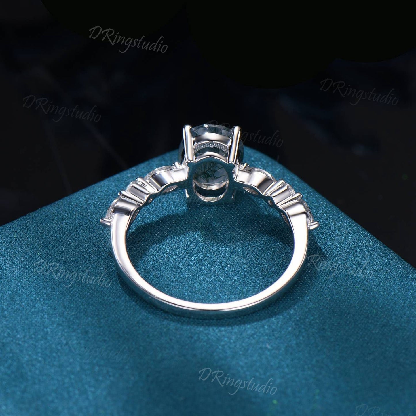 Oval Moss Agate Engagement Ring White gold Half Eternity Marquise cut Vintage Bridal Ring Half Eternity Round Simulated Diamond Wedding Gift