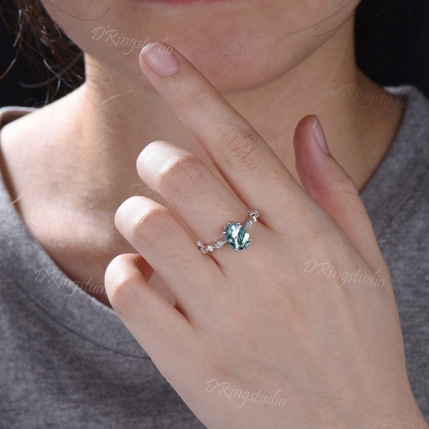 Oval Moss Agate Engagement Ring White gold Half Eternity Marquise cut Vintage Bridal Ring Half Eternity Round Simulated Diamond Wedding Gift