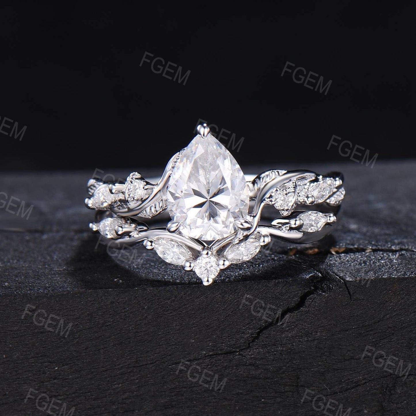 Nature Inspired Pear Cut Diamond Engagement Ring Set 1.25 CTW Caydia Lab Grown Diamond Ring IGI Certificate Bridal Set for Women Flawless Diamond Ring