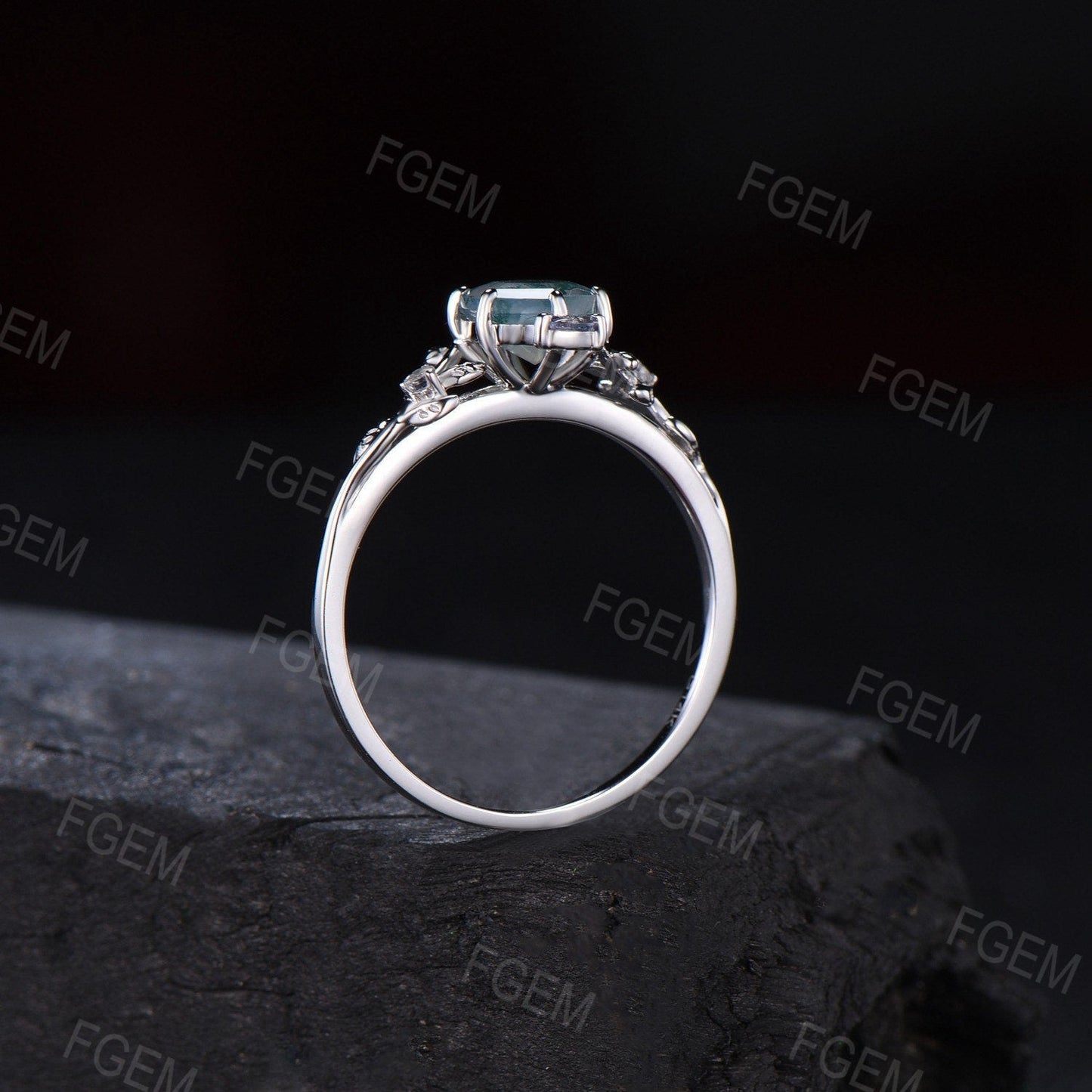 Double Snake Ring Hexagon Moss Agate Engagement Ring 14k White Gold Snake Ring Twig Leaf Vine Green Moss Ring Gothic Wedding Ring Women Gift