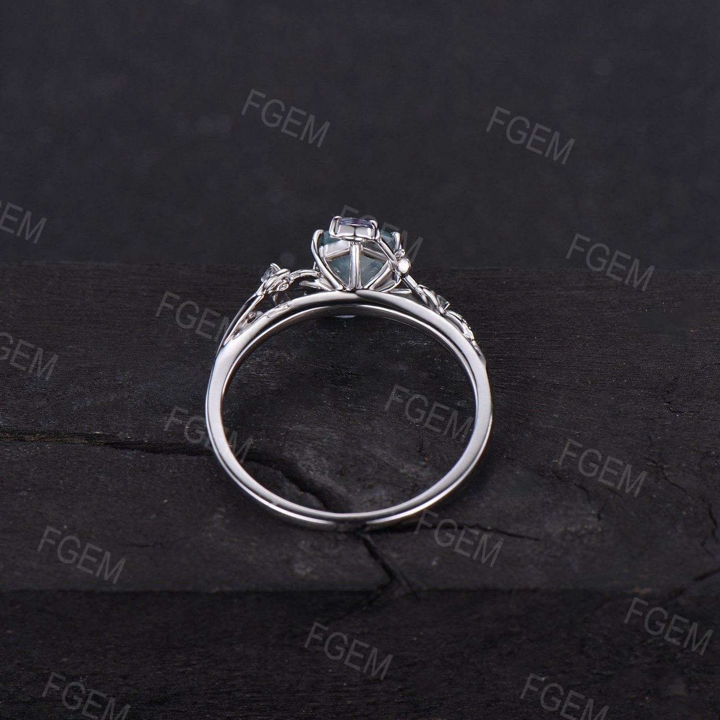 Double Snake Ring Hexagon Moss Agate Engagement Ring 14k White Gold Snake Ring Twig Leaf Vine Green Moss Ring Gothic Wedding Ring Women Gift