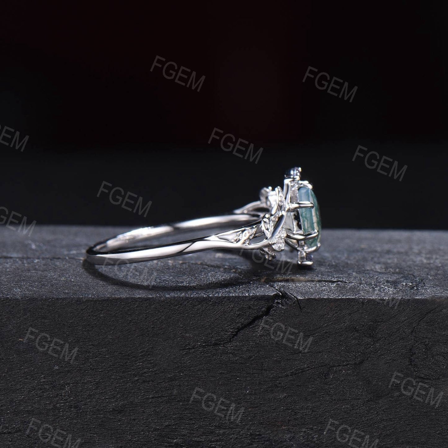 Double Snake Ring Hexagon Moss Agate Engagement Ring 14k White Gold Snake Ring Twig Leaf Vine Green Moss Ring Gothic Wedding Ring Women Gift