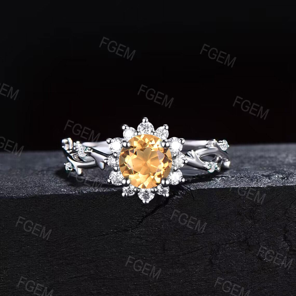 Round Citrine Sunflower Ring Twig Vine Bridal Set Sunflower Wedding Ring White Gold Floral Spring Platinum Promise Rings