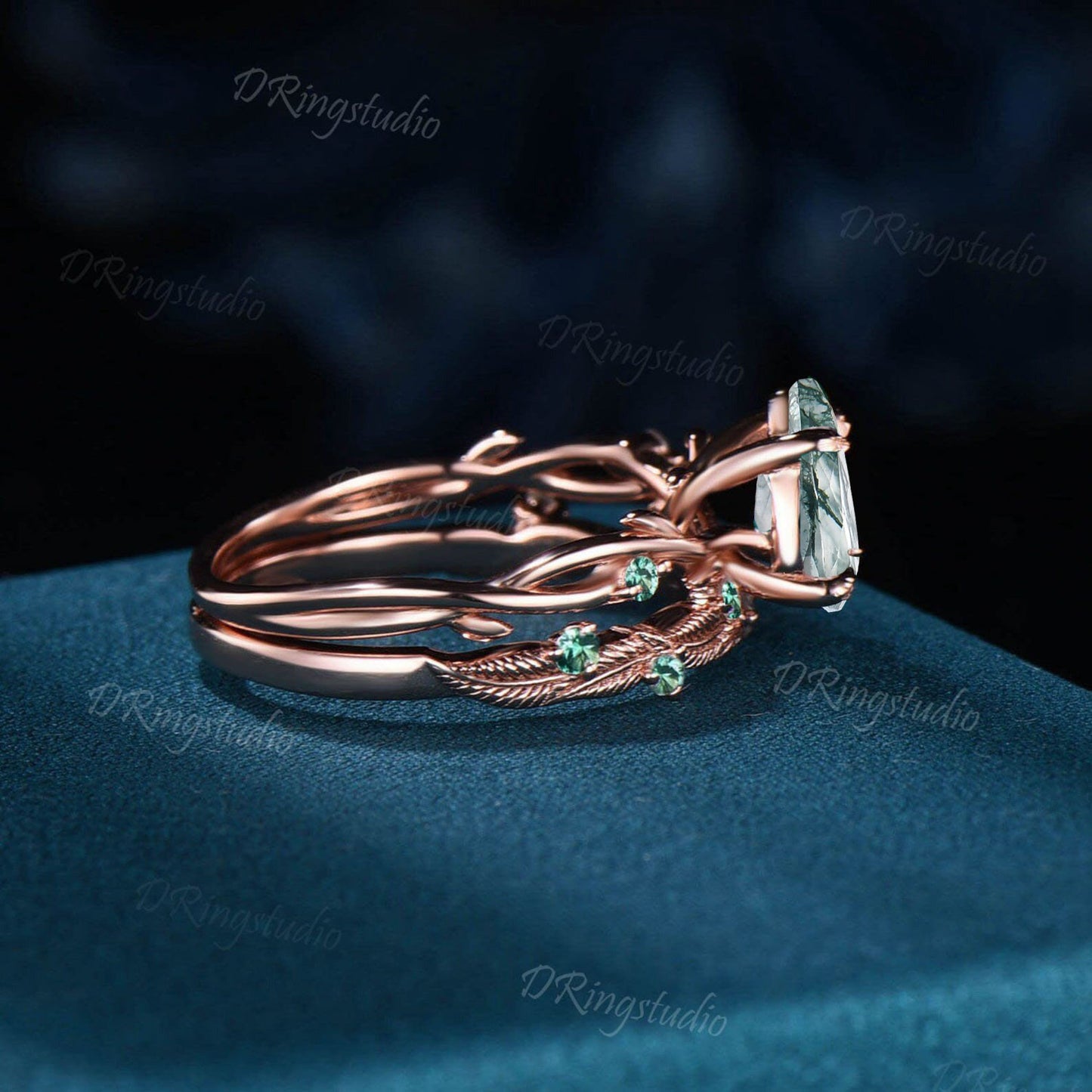 1.25ct Nature Inspired Natural Moss Agate Ring Twig Engagement Ring Set Green Emerald Branch Vine Pear Wedding Ring Aquatic Agate Bridal Set