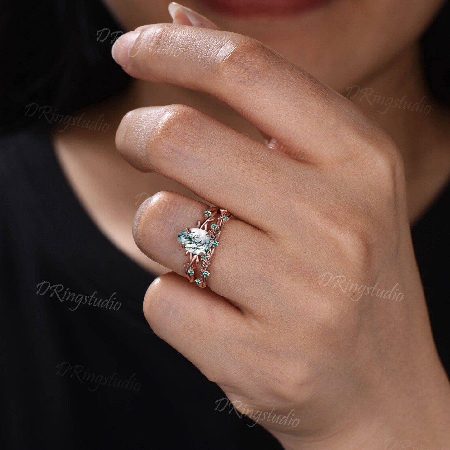 1.25ct Nature Inspired Natural Moss Agate Ring Twig Engagement Ring Set Green Emerald Branch Vine Pear Wedding Ring Aquatic Agate Bridal Set
