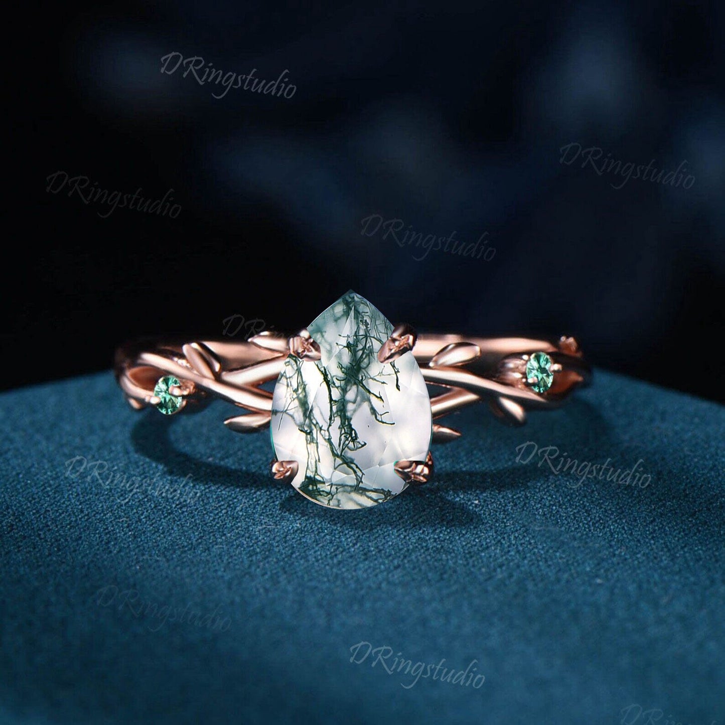 1.25ct Nature Inspired Natural Moss Agate Ring Twig Engagement Ring Set Green Emerald Branch Vine Pear Wedding Ring Aquatic Agate Bridal Set