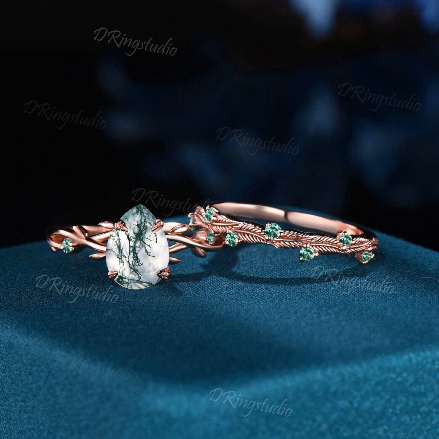 1.25ct Nature Inspired Natural Moss Agate Ring Twig Engagement Ring Set Green Emerald Branch Vine Pear Wedding Ring Aquatic Agate Bridal Set