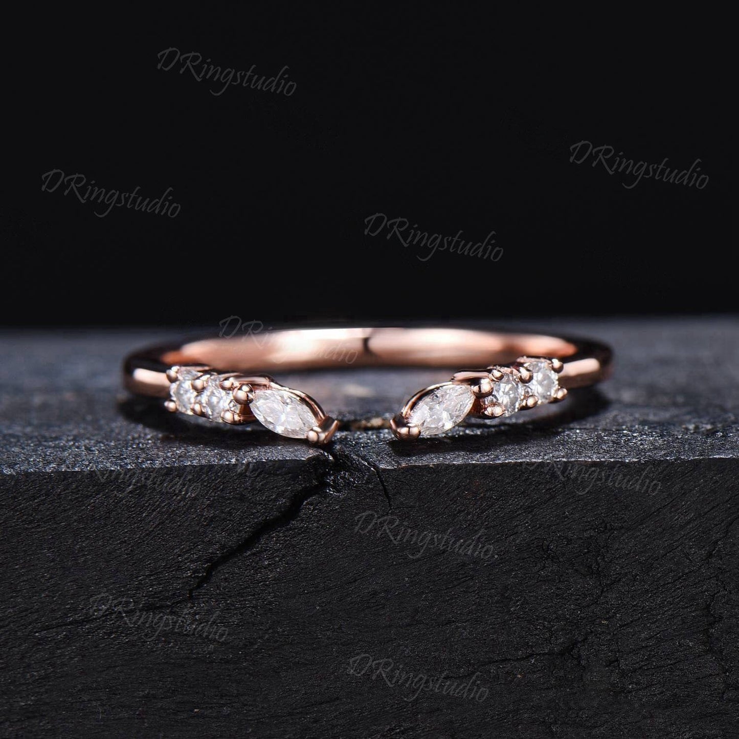 Moissanite Cuff Band|14K Solid Gold Open Stacking Band|Dainty Open Stacking Wedding Band Women|Vintage Pattern Curved Matching Wedding Band