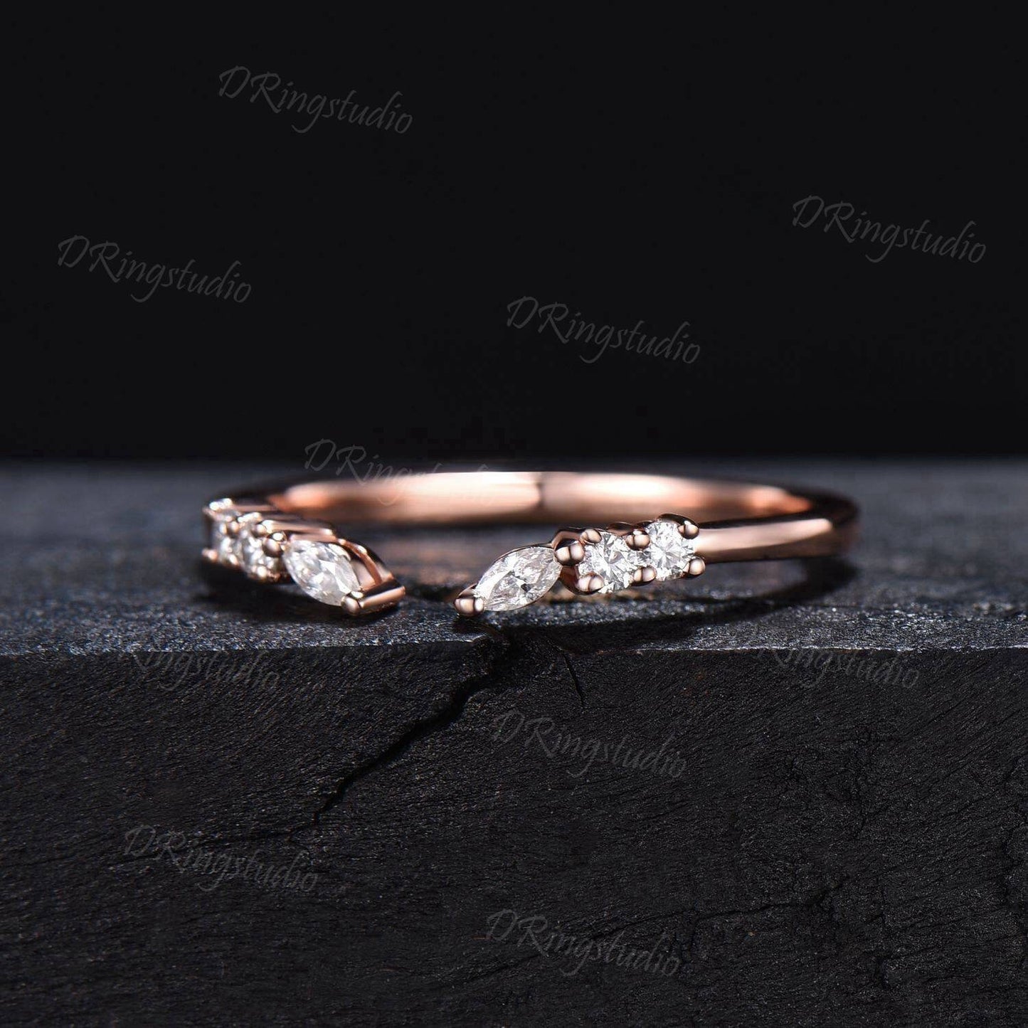 Moissanite Cuff Band|14K Solid Gold Open Stacking Band|Dainty Open Stacking Wedding Band Women|Vintage Pattern Curved Matching Wedding Band