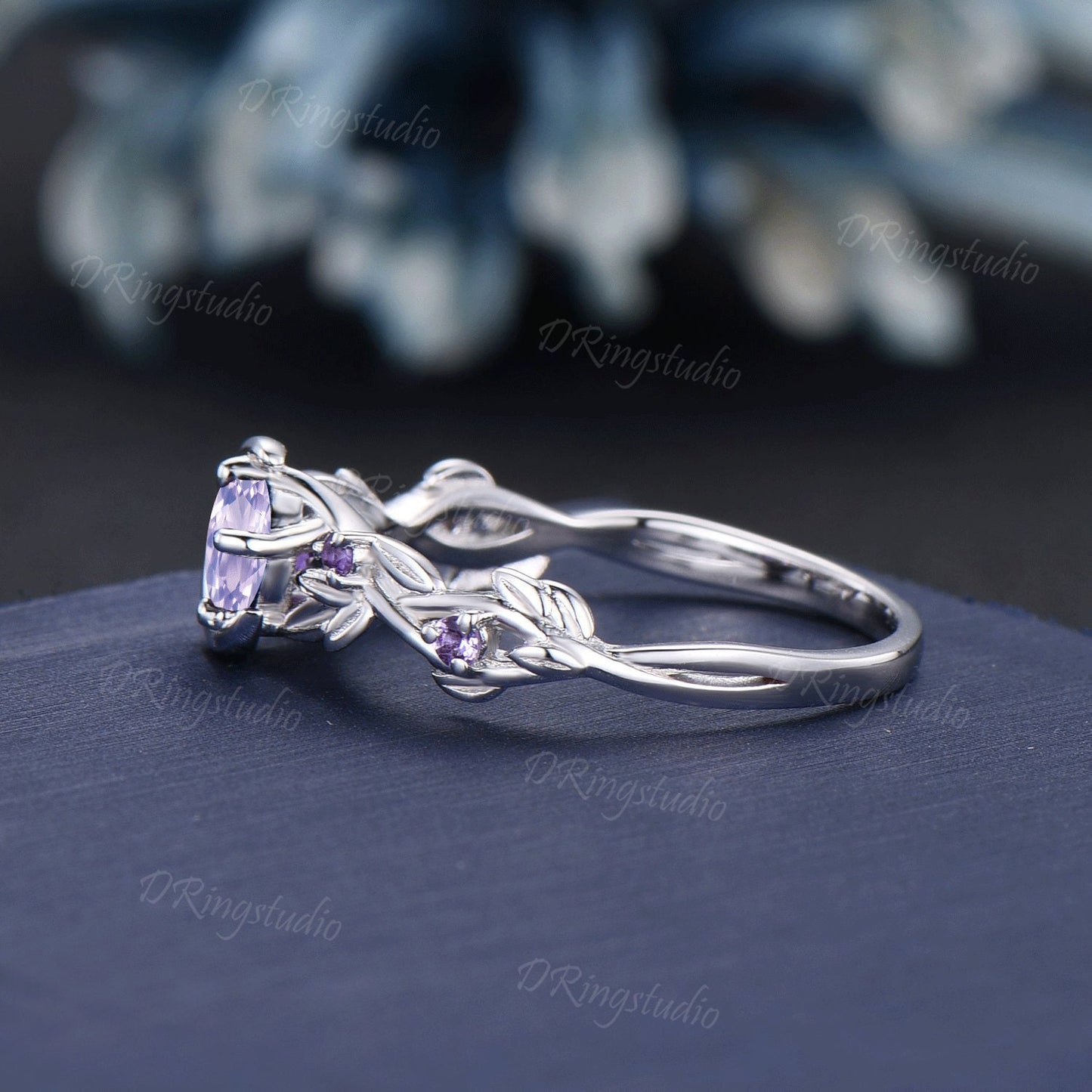 Unique Moon Leaf Wedding Ring 5mm Round Cut Natural Lavender Amethyst Engagement Ring Cluster Amethyst Bridal Promise Ring Anniversary Gift