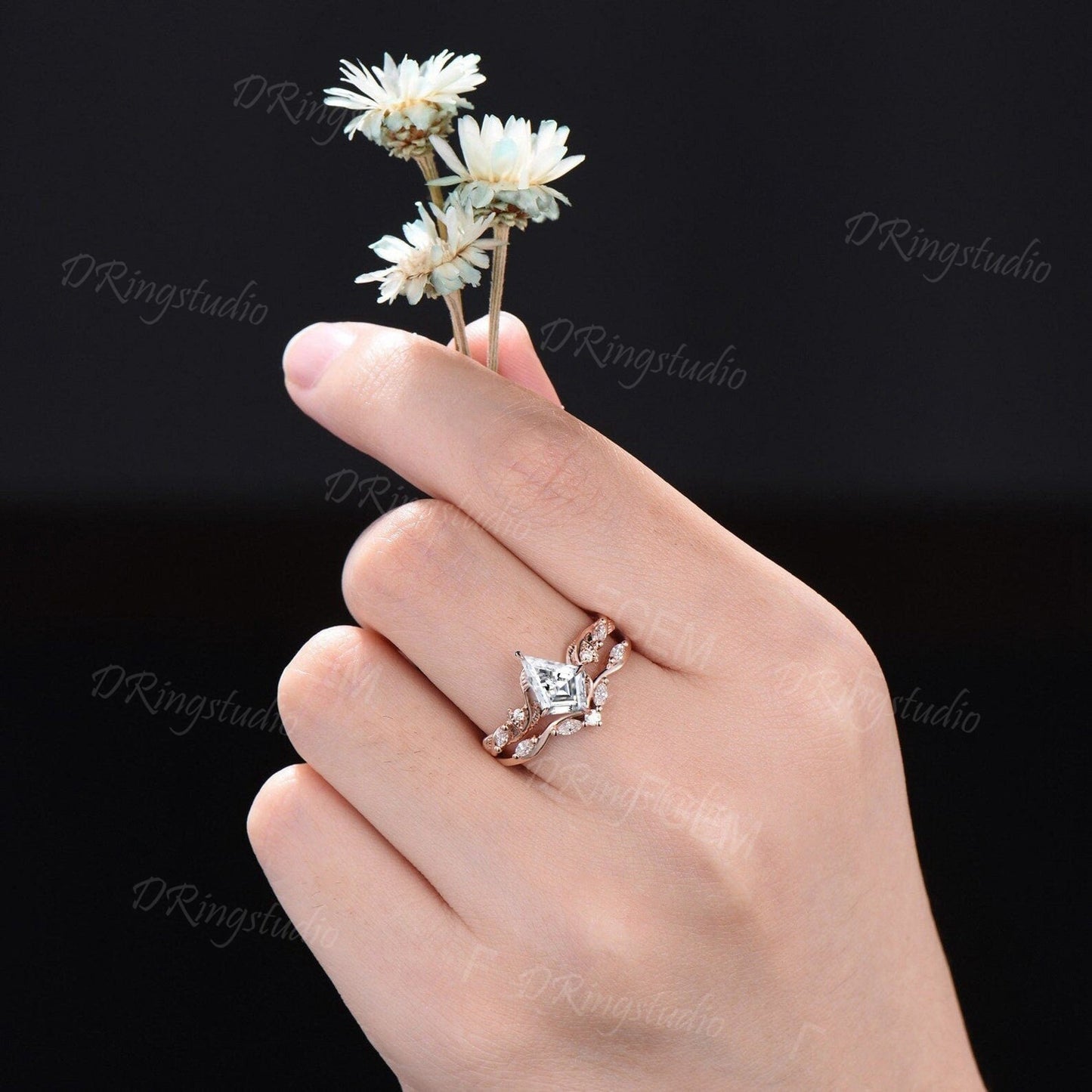 Vintage Kite Moissanite Bridal Set Garden Inspired Twig Wedding Ring Set Branch Vine lab grown diamond Jewelry Anniversary Gifts Fiance Ring