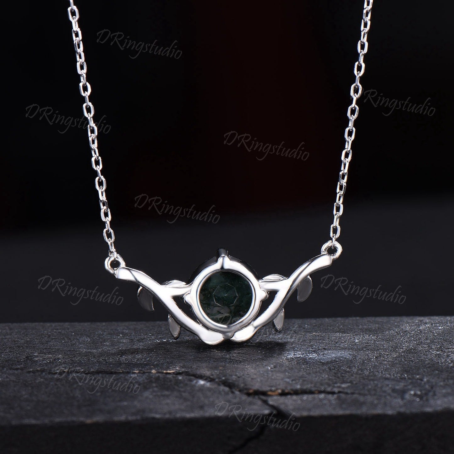 Silver Serpent Necklace Natural Moss Agate Solitaire Necklace Double Snake Pendant Twig Leaf Jewelry 8mm Round Moss Necklace Birthday Gifts