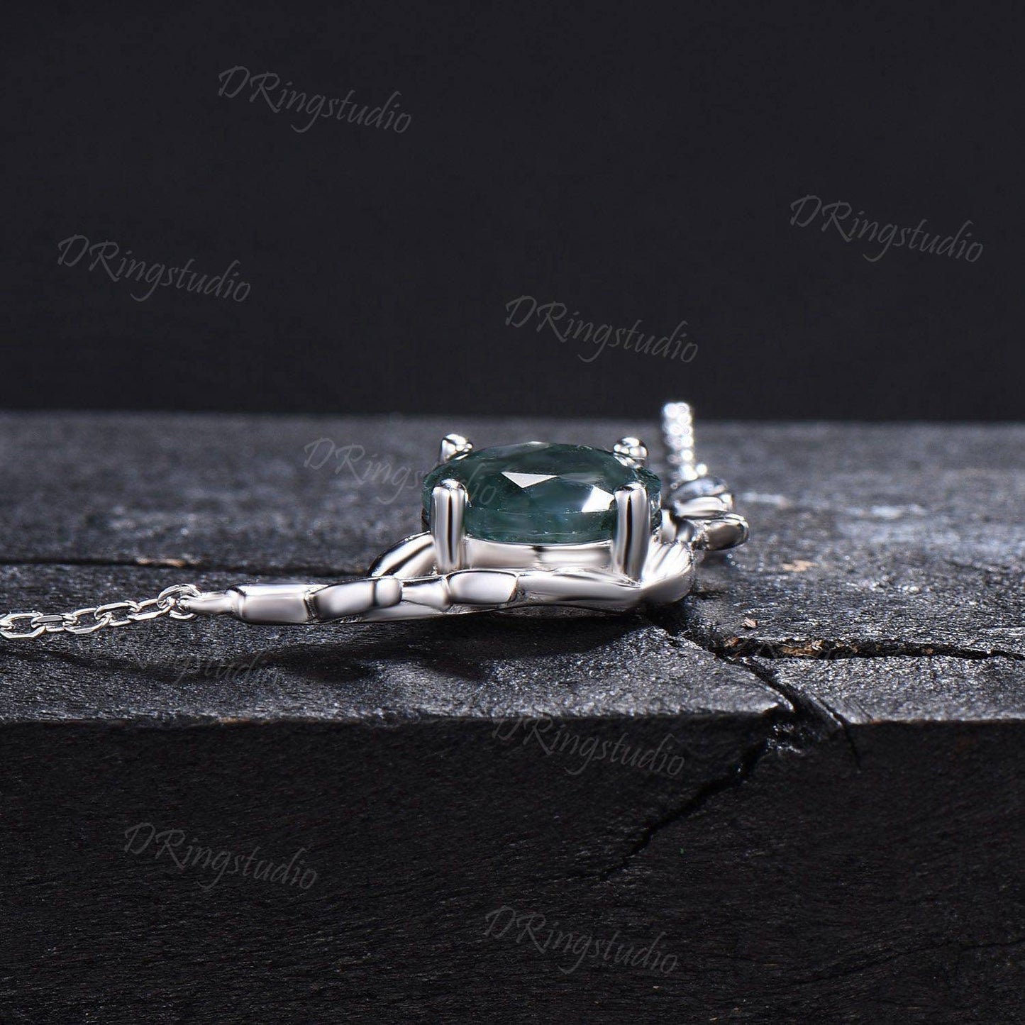 Silver Serpent Necklace Natural Moss Agate Solitaire Necklace Double Snake Pendant Twig Leaf Jewelry 8mm Round Moss Necklace Birthday Gifts