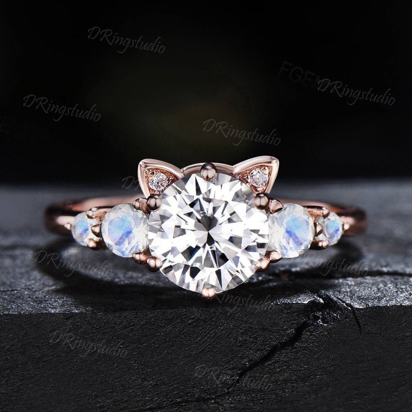 Cat Engagement Ring 1.2ct Round Moissanite Ring Cute Pet Colorless Moissanite Moonstone Wedding Ring Unique Kitten Ring Anniversary Gift