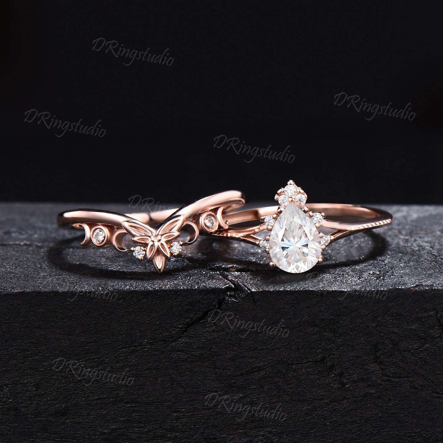 0.8ct Pear VS1 Lab Grown Diamond Ring Set Crescent Triple Moon Real Diamond Wedding Ring Diamond IGI Certificate Ring Proposal Gifts For Her