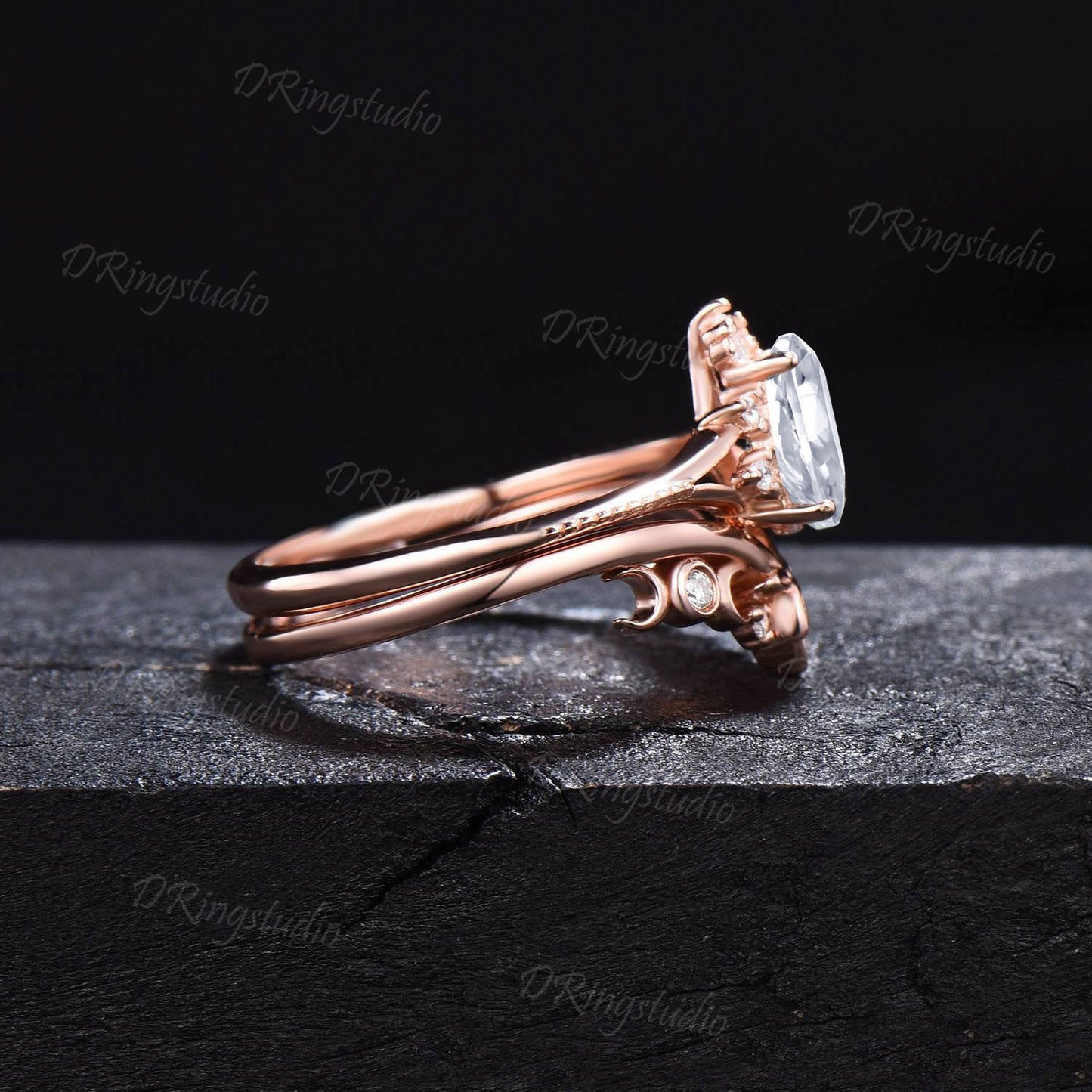0.8ct Pear VS1 Lab Grown Diamond Ring Set Crescent Triple Moon Real Diamond Wedding Ring Diamond IGI Certificate Ring Proposal Gifts For Her