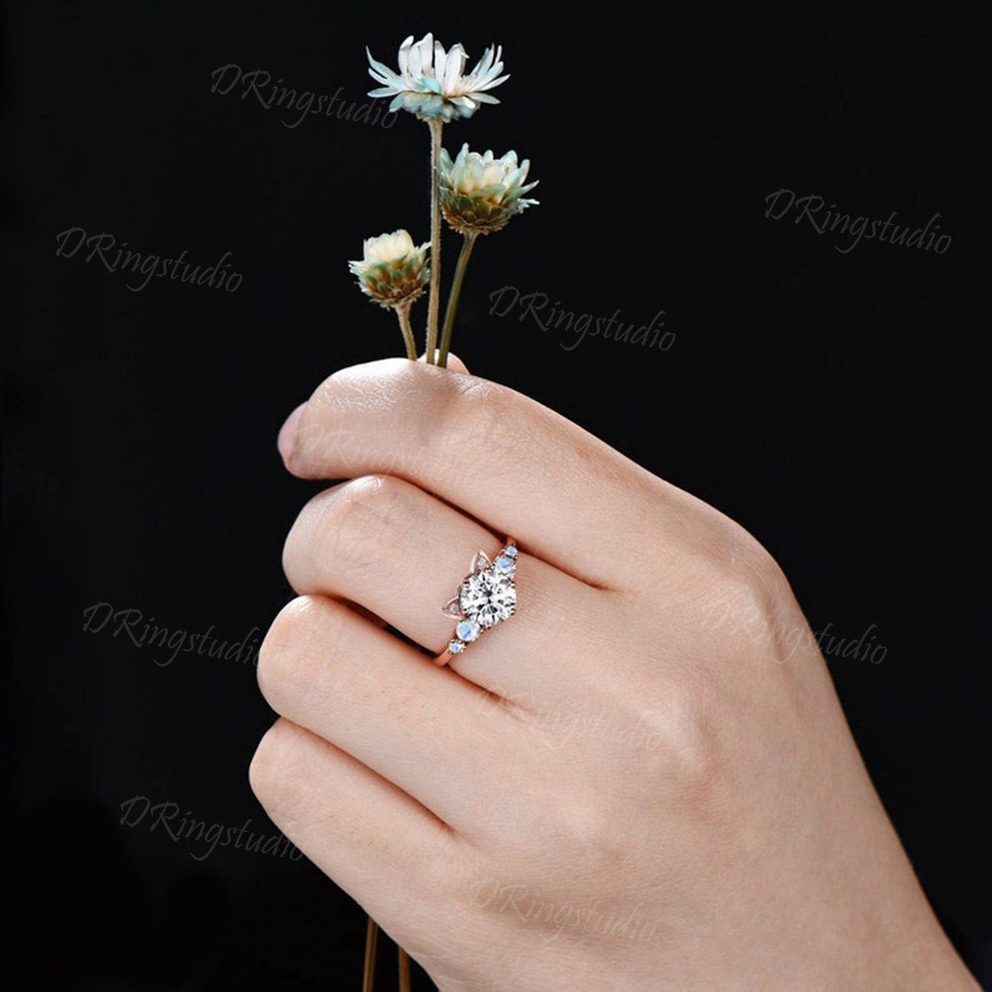 Cat Engagement Ring 1.2ct Round Moissanite Ring Cute Pet Colorless Moissanite Moonstone Wedding Ring Unique Kitten Ring Anniversary Gift
