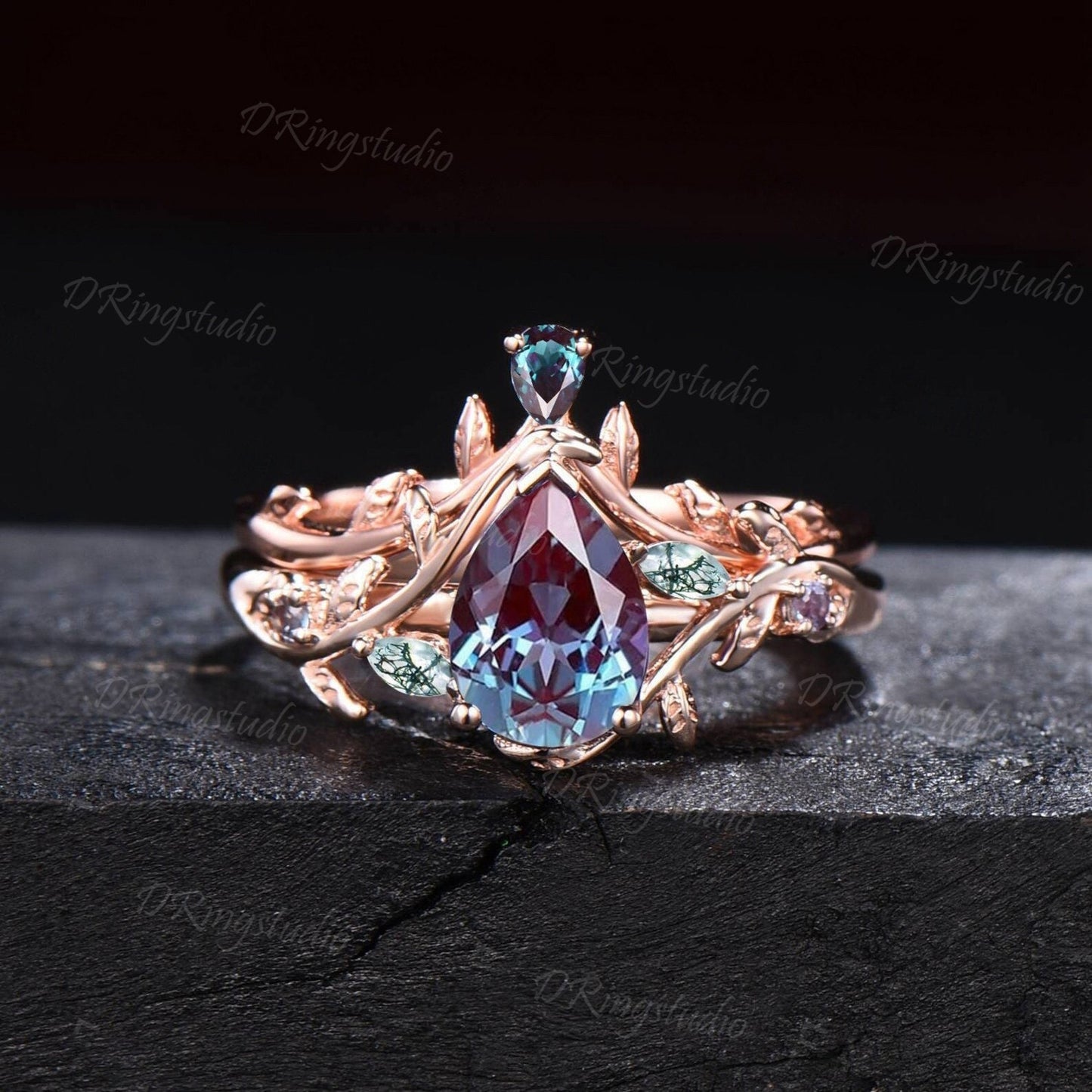 1.25ct Pear Alexandrite Engagement Ring Set Nature Inspired Moss Agate Wedding Ring Twist Twig Vine Alexandrite Bridal Set Anniversary Gifts