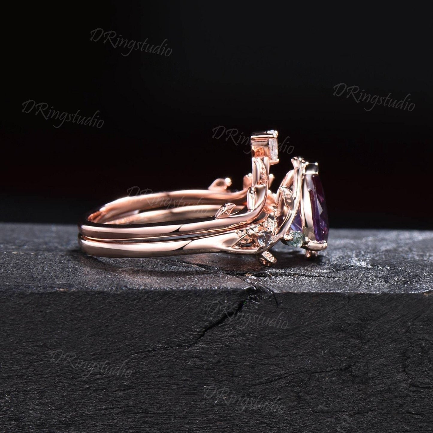 1.25ct Pear Alexandrite Engagement Ring Set Nature Inspired Moss Agate Wedding Ring Twist Twig Vine Alexandrite Bridal Set Anniversary Gifts