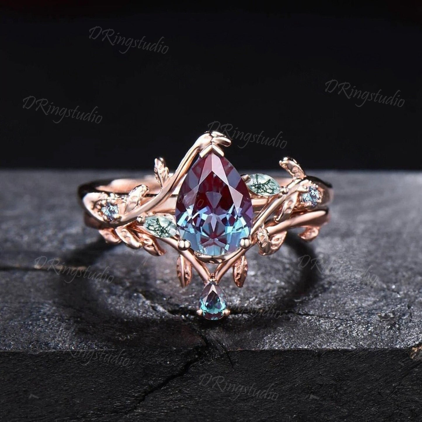 1.25ct Pear Alexandrite Engagement Ring Set Nature Inspired Moss Agate Wedding Ring Twist Twig Vine Alexandrite Bridal Set Anniversary Gifts