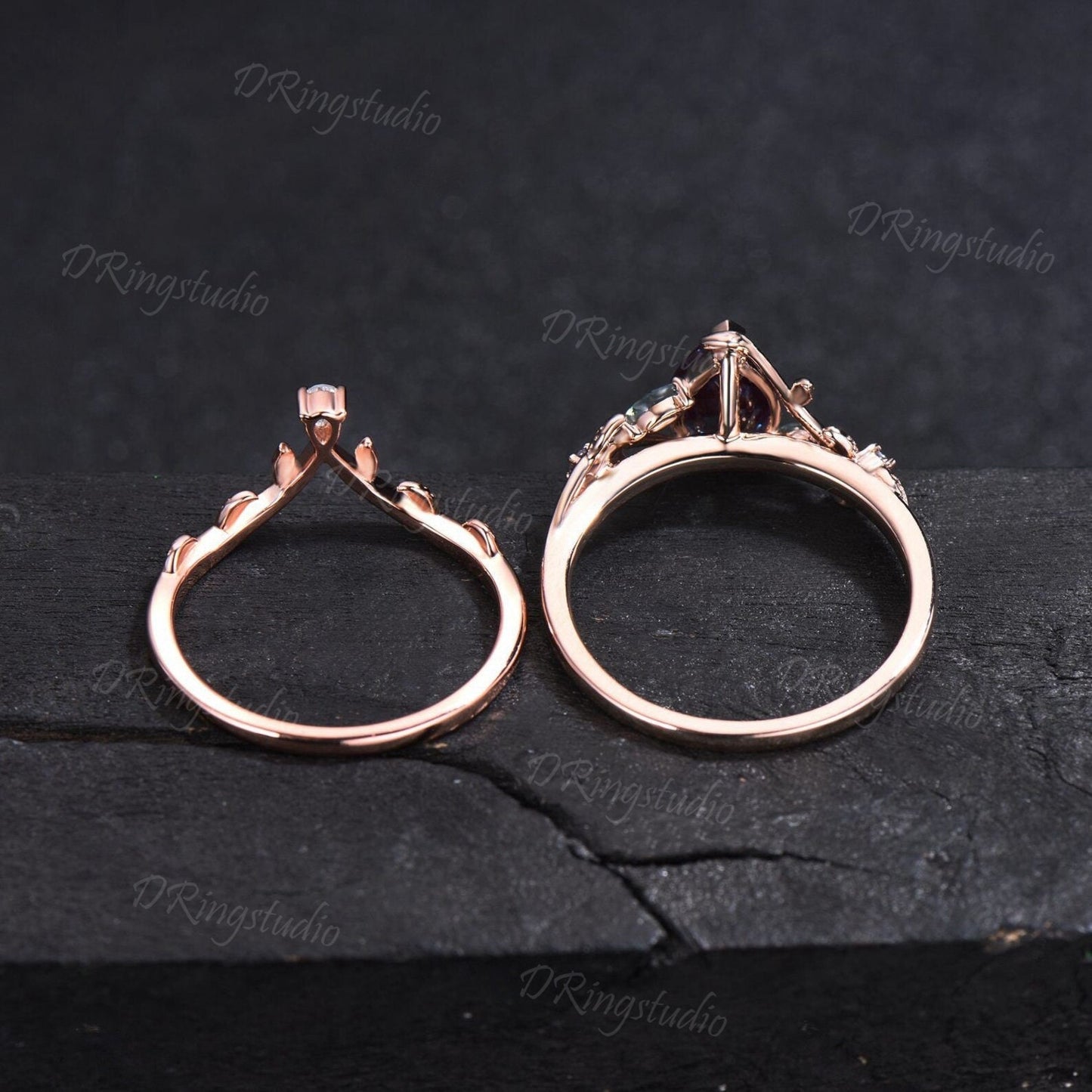 1.25ct Pear Alexandrite Engagement Ring Set Nature Inspired Moss Agate Wedding Ring Twist Twig Vine Alexandrite Bridal Set Anniversary Gifts