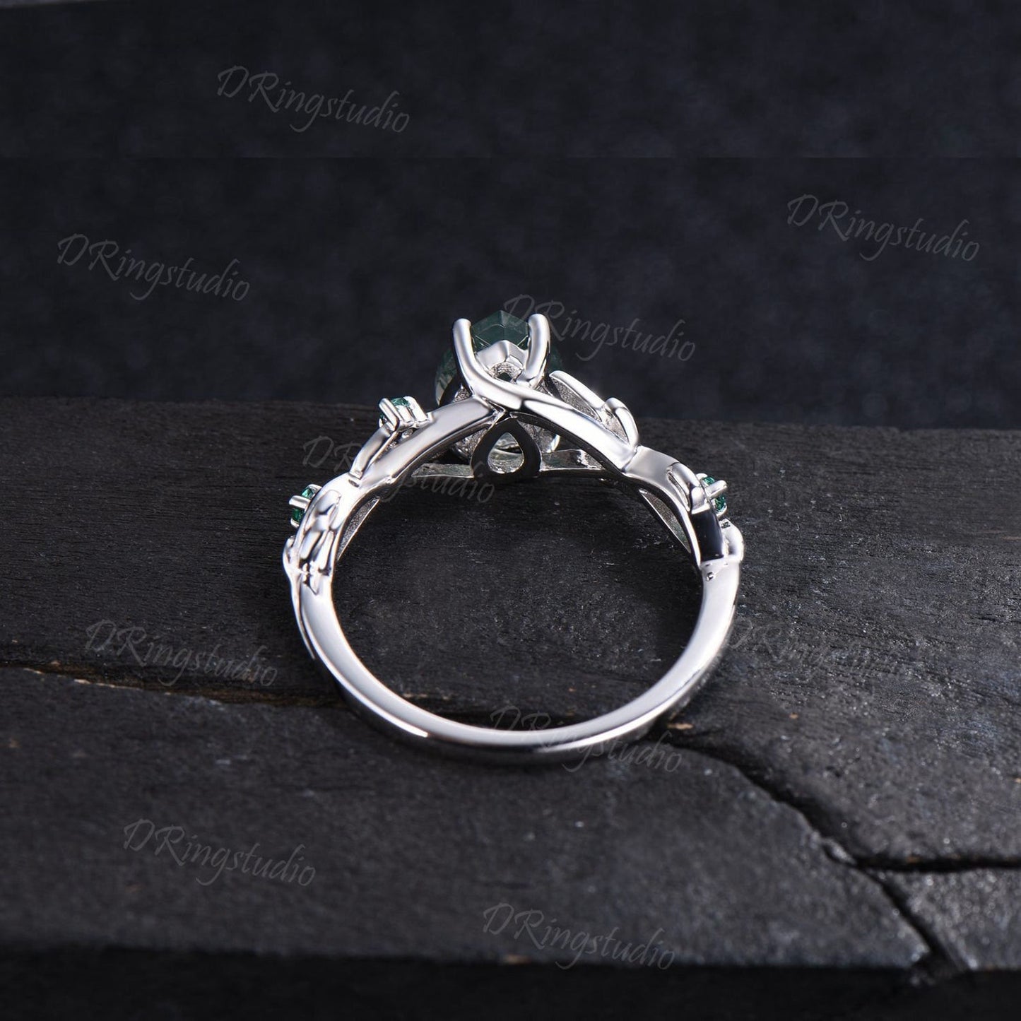 Princess Cut Moss Agate Engagement Ring 14k white gold Twig Twist Emerald Wedding Ring Nature Inspired Green Moss Ring Proposal Gift for Her