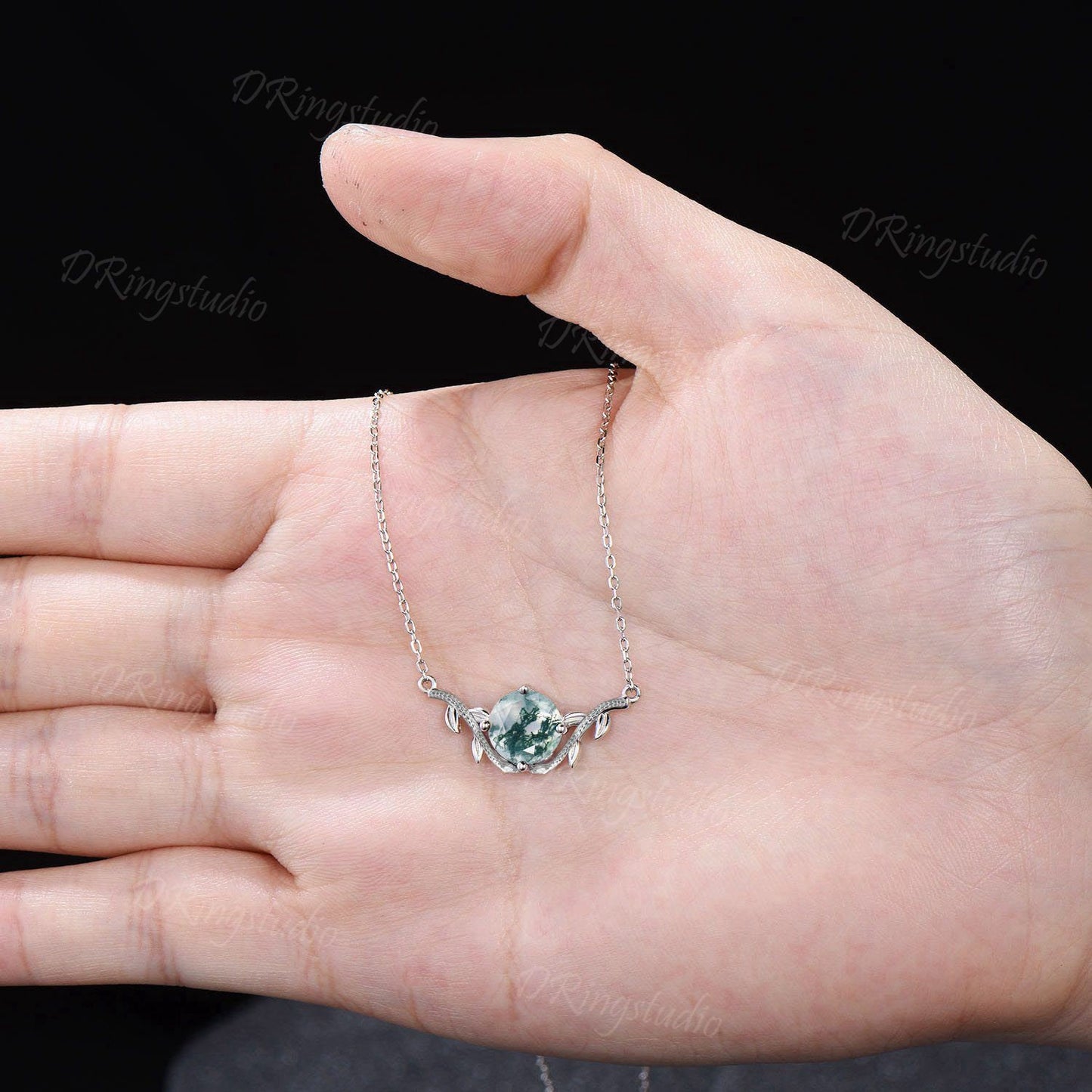 Silver Serpent Necklace Natural Moss Agate Solitaire Necklace Double Snake Pendant Twig Leaf Jewelry 8mm Round Moss Necklace Birthday Gifts