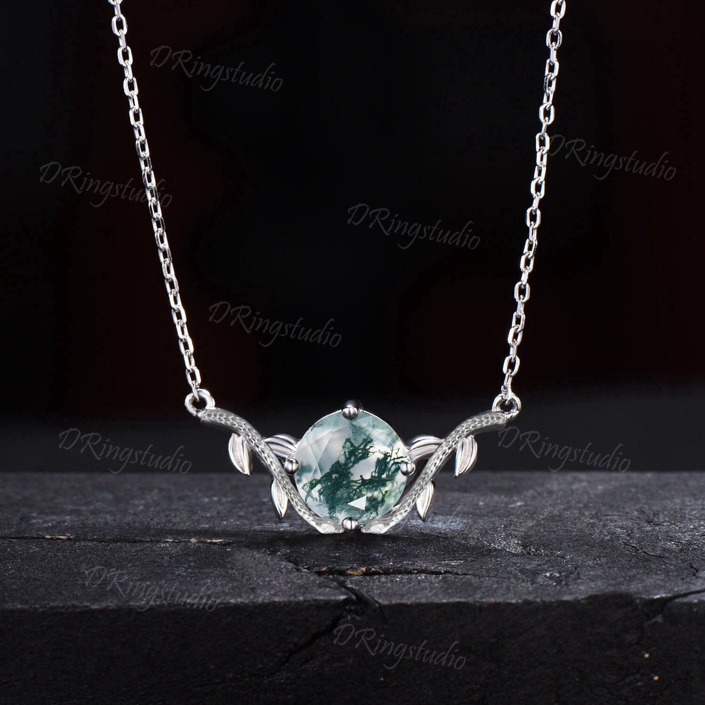 Silver Serpent Necklace Natural Moss Agate Solitaire Necklace Double Snake Pendant Twig Leaf Jewelry 8mm Round Moss Necklace Birthday Gifts