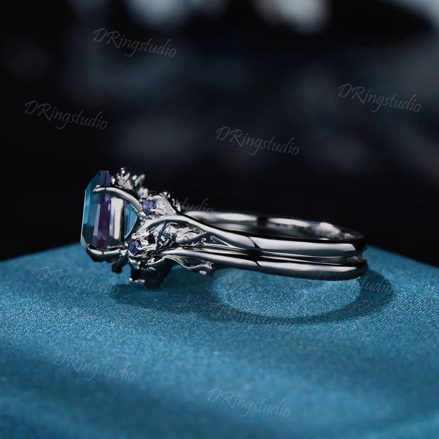 Unique Leaf Branch Oval Alexandrite Engagement Ring Black Gold Blue Sapphire Bridal Set Twig Wedding Ring June Birthstone Jewelry Women Gift