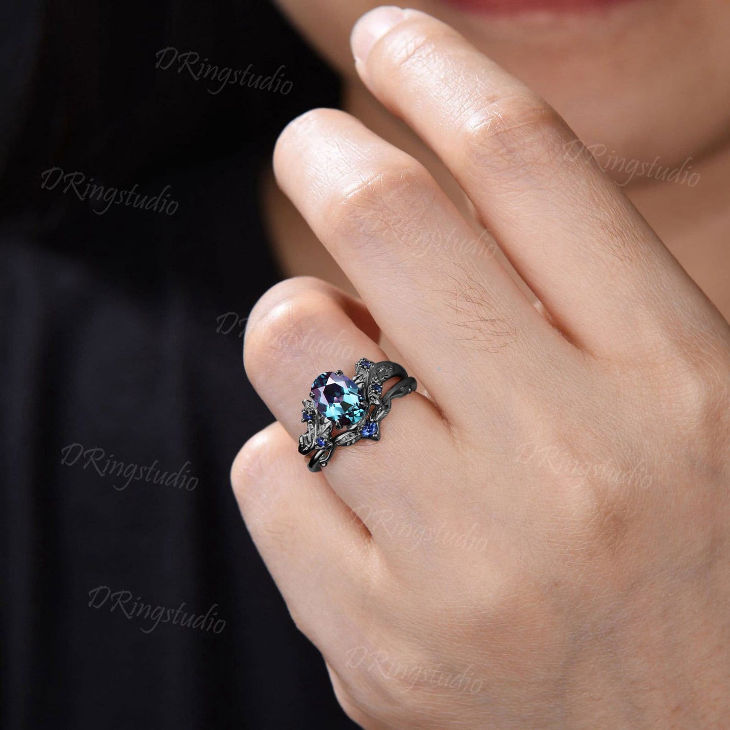 Unique Leaf Branch Oval Alexandrite Engagement Ring Black Gold Blue Sapphire Bridal Set Twig Wedding Ring June Birthstone Jewelry Women Gift