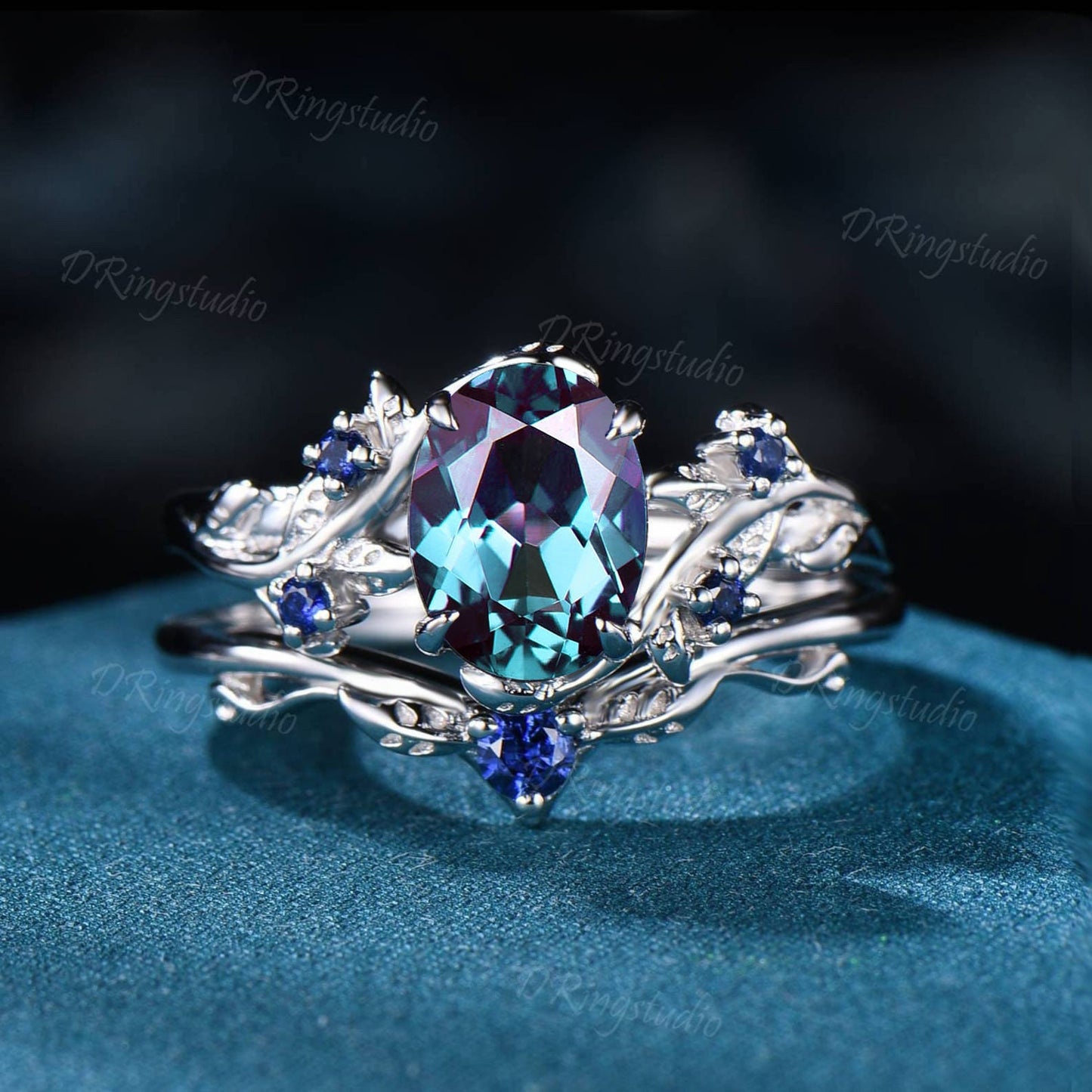 Unique Leaf Branch Oval Alexandrite Engagement Ring Black Gold Blue Sapphire Bridal Set Twig Wedding Ring June Birthstone Jewelry Women Gift