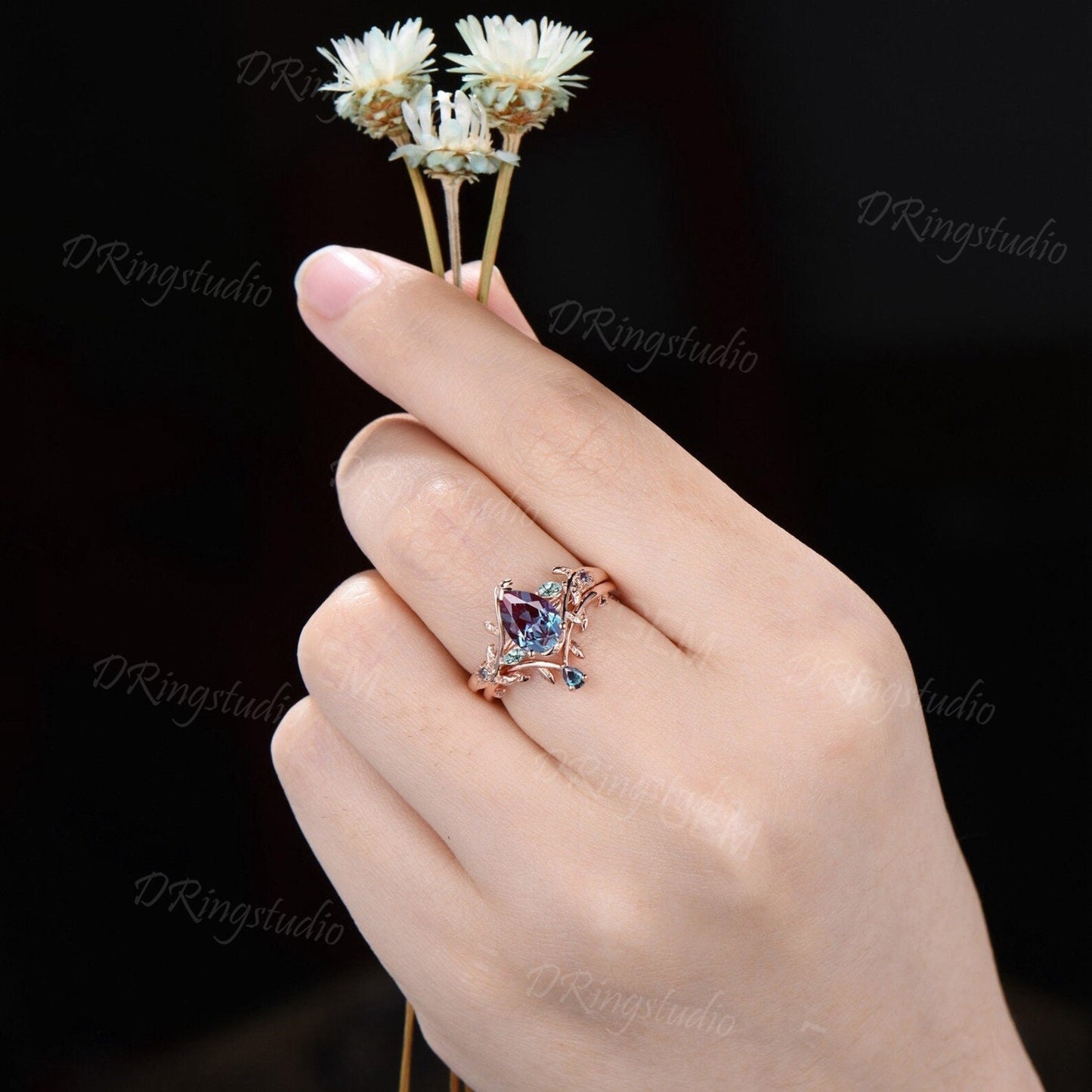 1.25ct Pear Alexandrite Engagement Ring Set Nature Inspired Moss Agate Wedding Ring Twist Twig Vine Alexandrite Bridal Set Anniversary Gifts