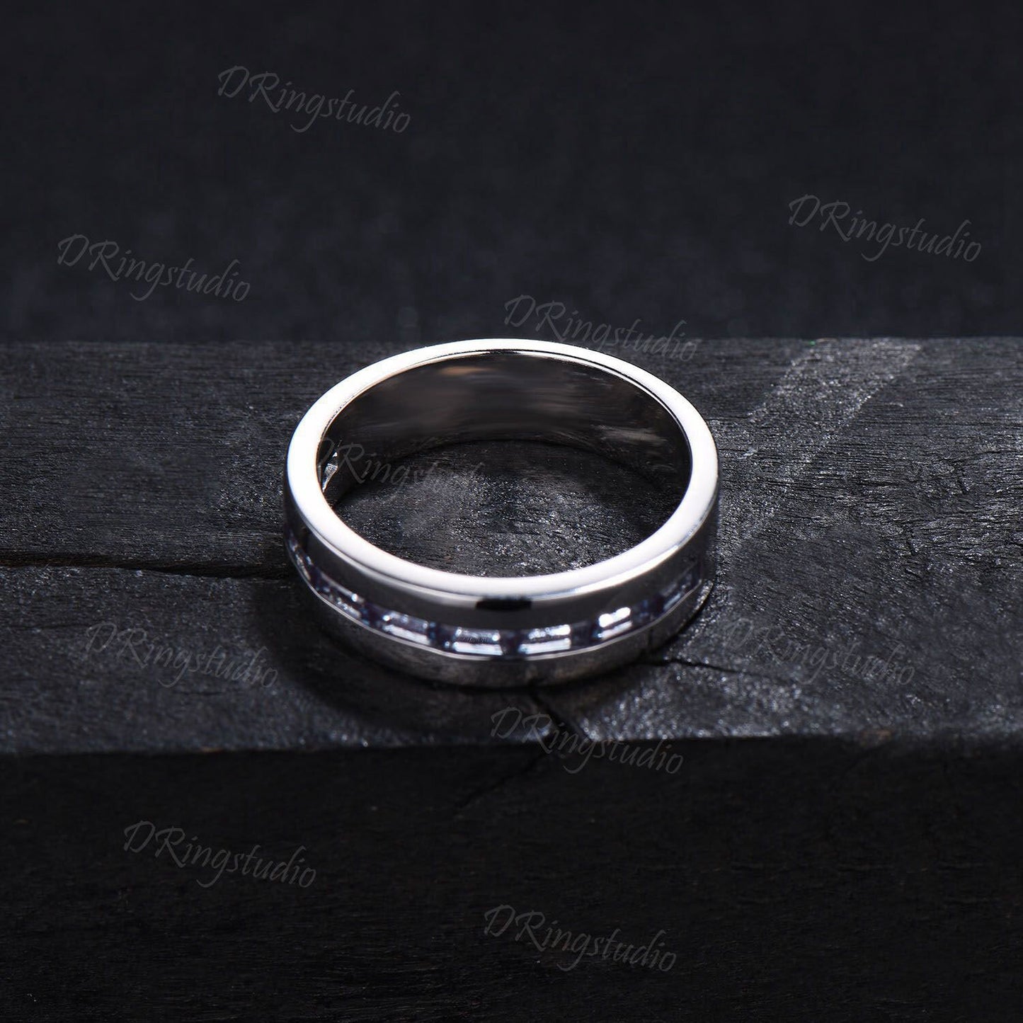 14k White Gold Mens Cross Wedding Band 6mm Baguette Cut Alexandrite Ring Tension Set Ring Stackable Band Christian Jewelry Ring Gift for Men