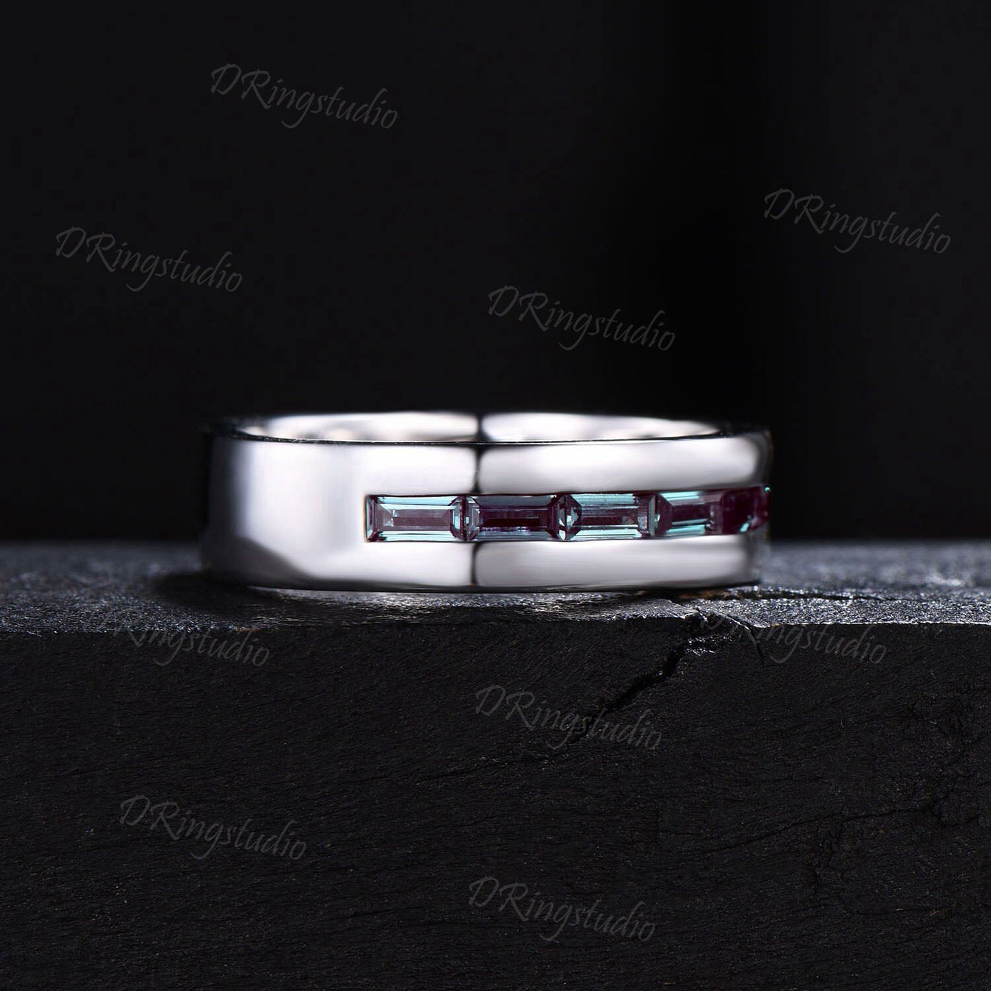 14k White Gold Mens Cross Wedding Band 6mm Baguette Cut Alexandrite Ring Tension Set Ring Stackable Band Christian Jewelry Ring Gift for Men