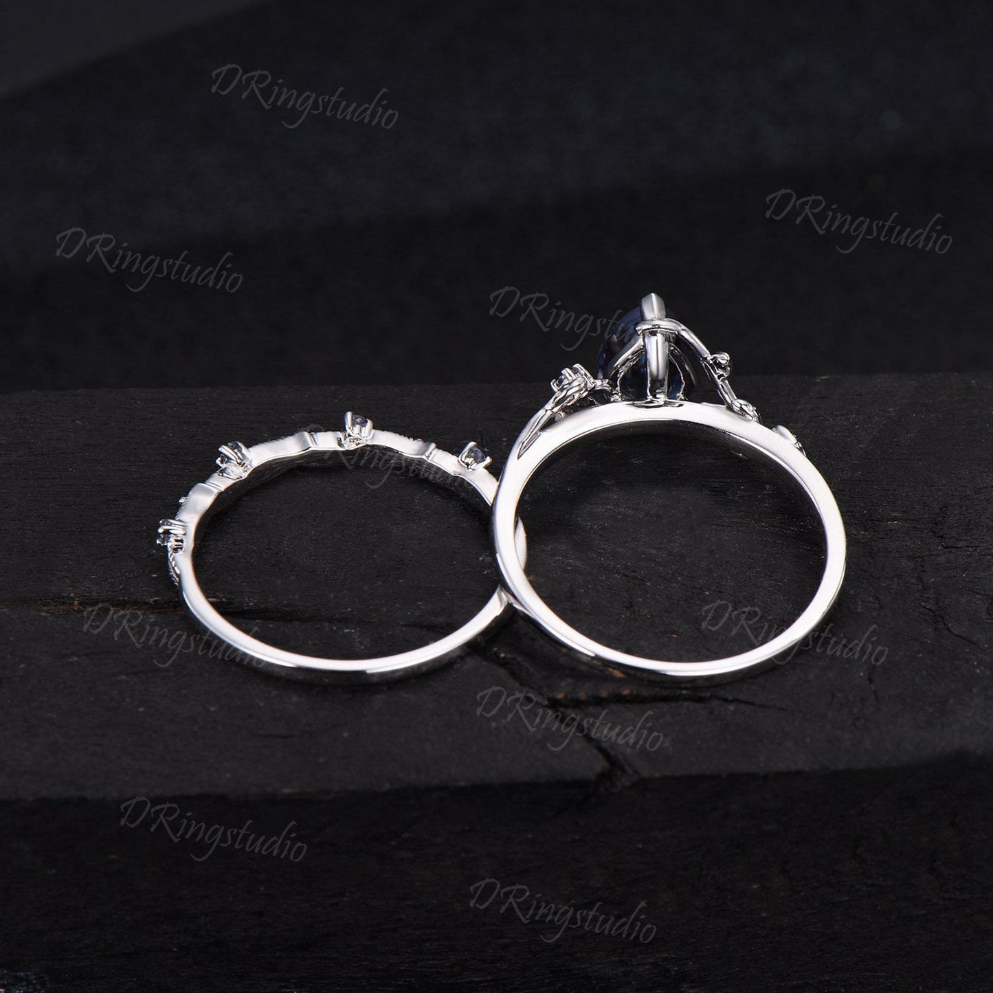 Twig Alexandrite Engagement Ring Set Nature Inspired Pear Alexandrite Bridal Set Leaves Wedding Ring June Birthstone Jewelry Proposal Gifts