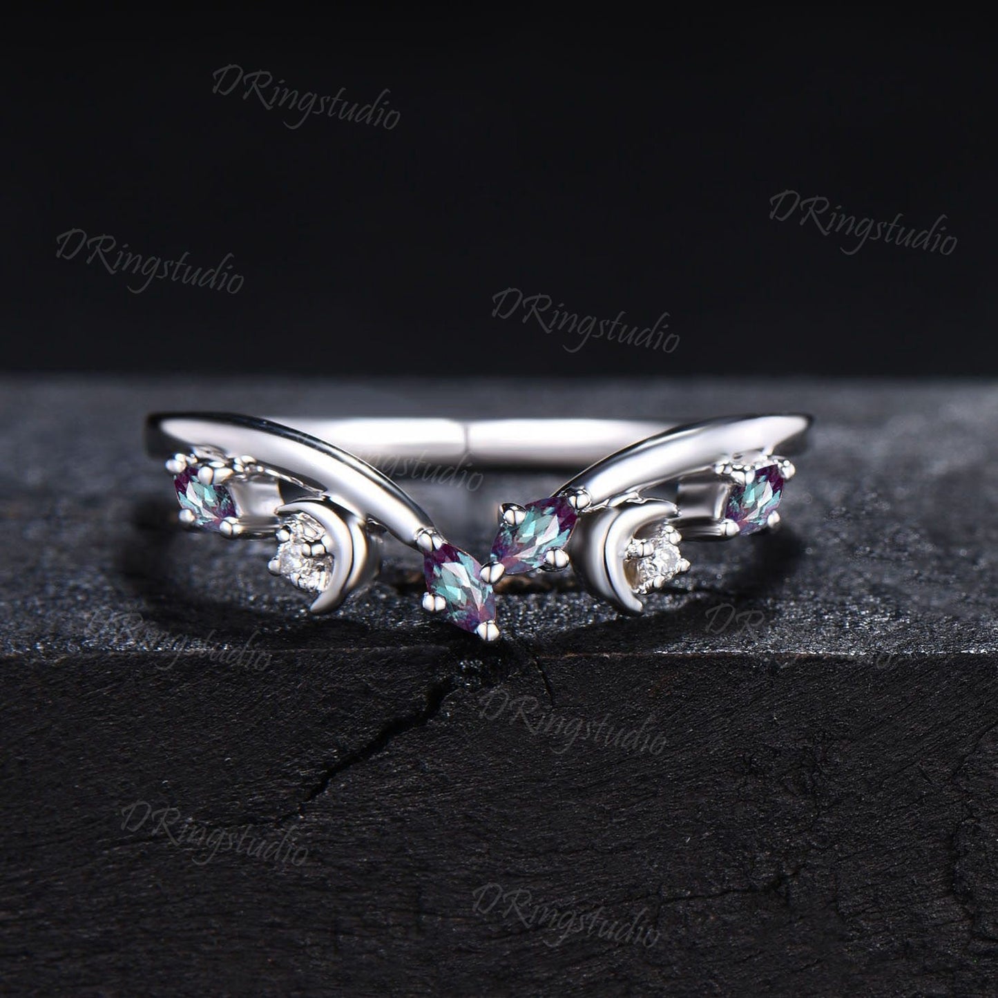 Black Gold Curved Wedding Band Celestial Moon Alexandrite Matching Band Gothic V Curved Wedding Band Unique Matching Stacking Ring for Women
