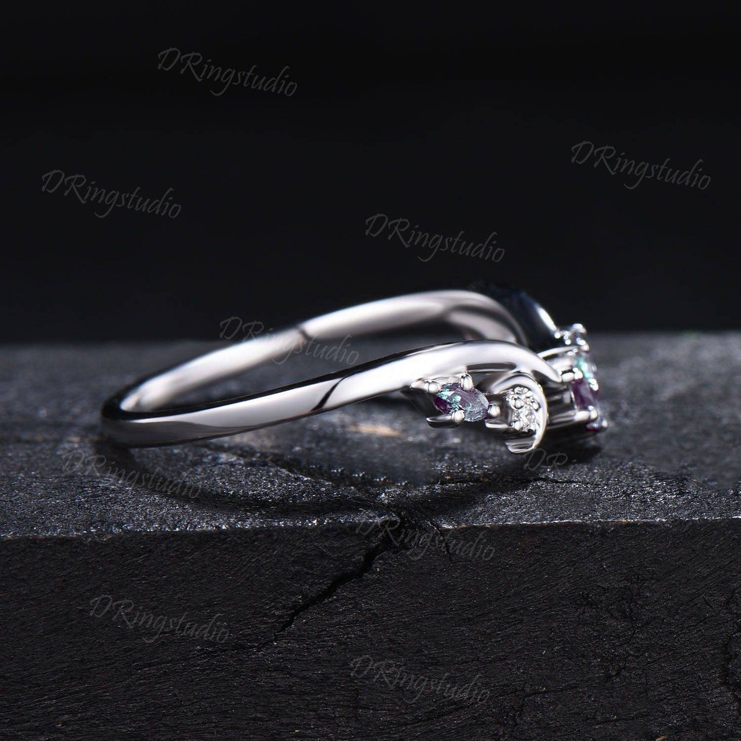 Black Gold Curved Wedding Band Celestial Moon Alexandrite Matching Band Gothic V Curved Wedding Band Unique Matching Stacking Ring for Women