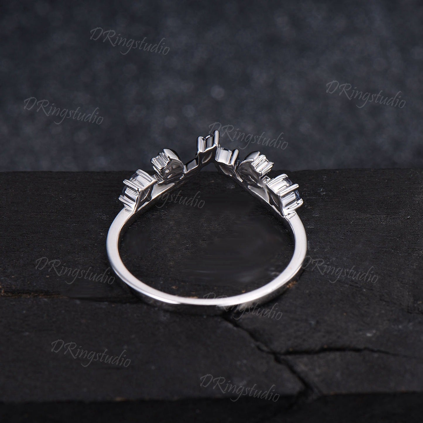 Black Gold Curved Wedding Band Celestial Moon Alexandrite Matching Band Gothic V Curved Wedding Band Unique Matching Stacking Ring for Women