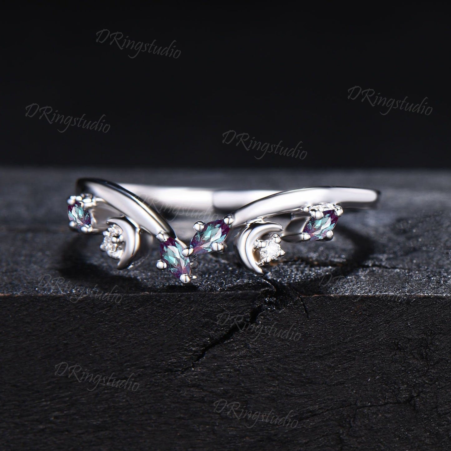 Black Gold Curved Wedding Band Celestial Moon Alexandrite Matching Band Gothic V Curved Wedding Band Unique Matching Stacking Ring for Women