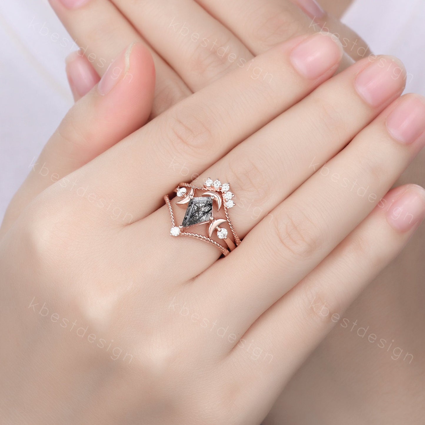 Antique black rutilated quartz engagement ring unique moon goddess ring art deco curved stacking band kite cut bridal moissanite wedding set