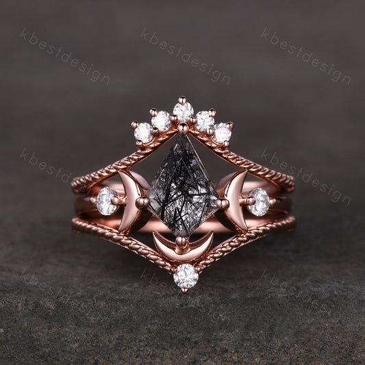Antique black rutilated quartz engagement ring unique moon goddess ring art deco curved stacking band kite cut bridal moissanite wedding set